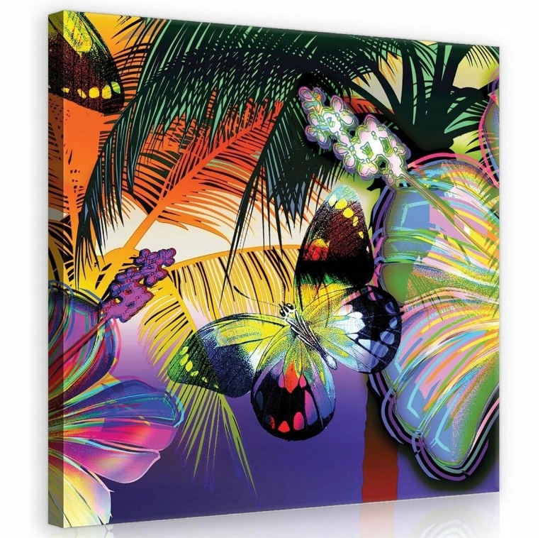 Obraz 80x80 Jasní motýli tropické květy palmové listy léto exotika