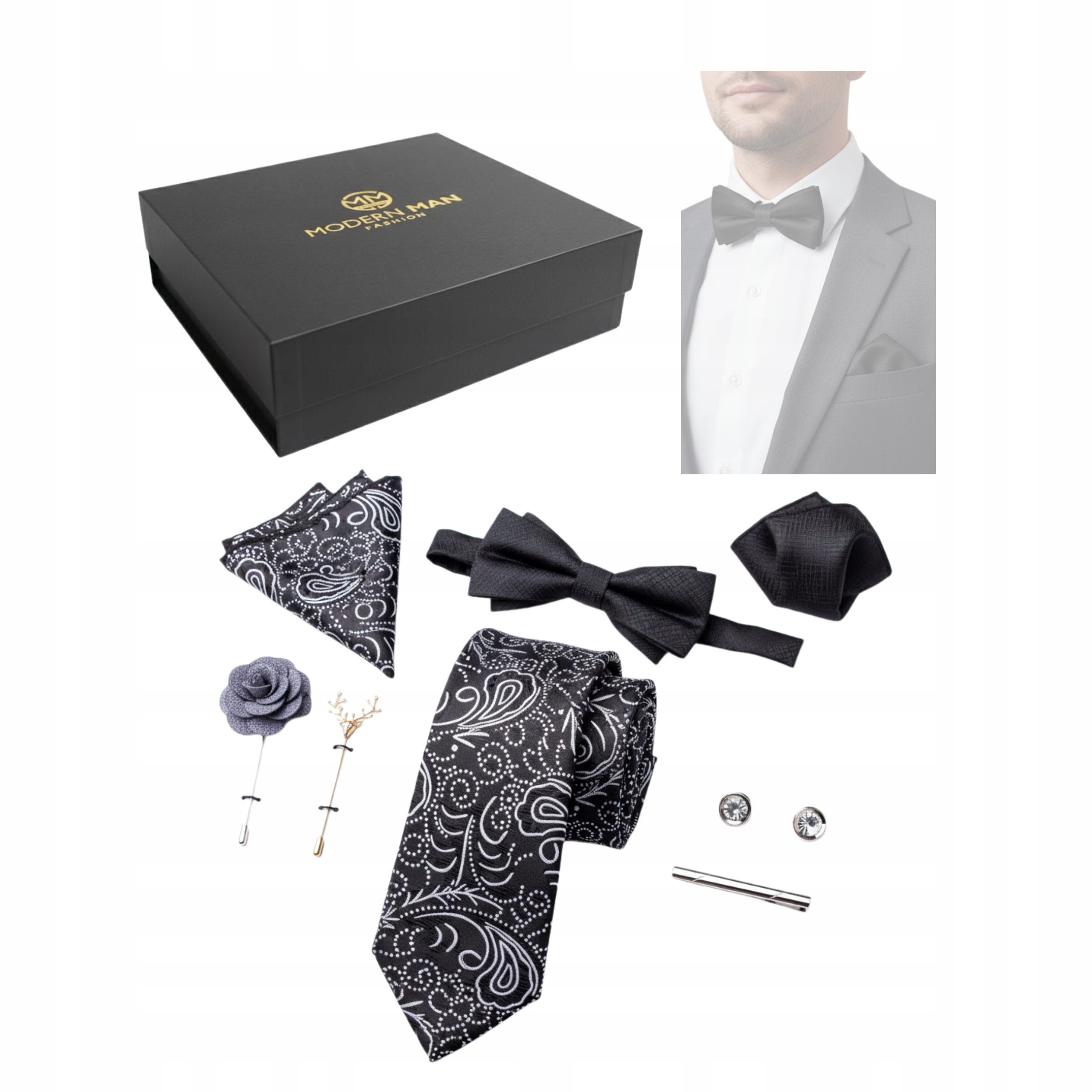 Pánský motýlek černý, kravata, kapesníčky, sponky, Dárek k Vánocům pro něj