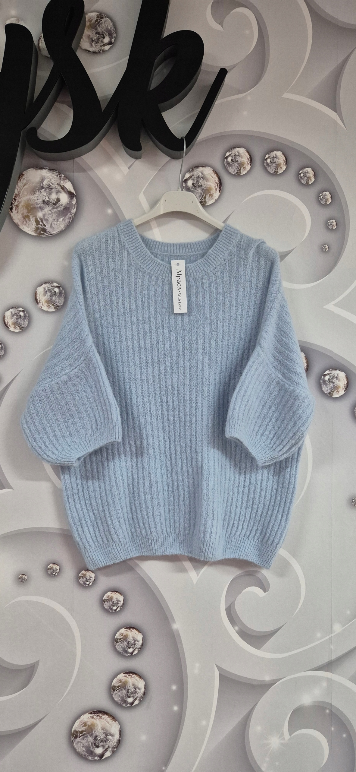 elegantní volný 3/4 svetr Premium baby alpaka uni modrý