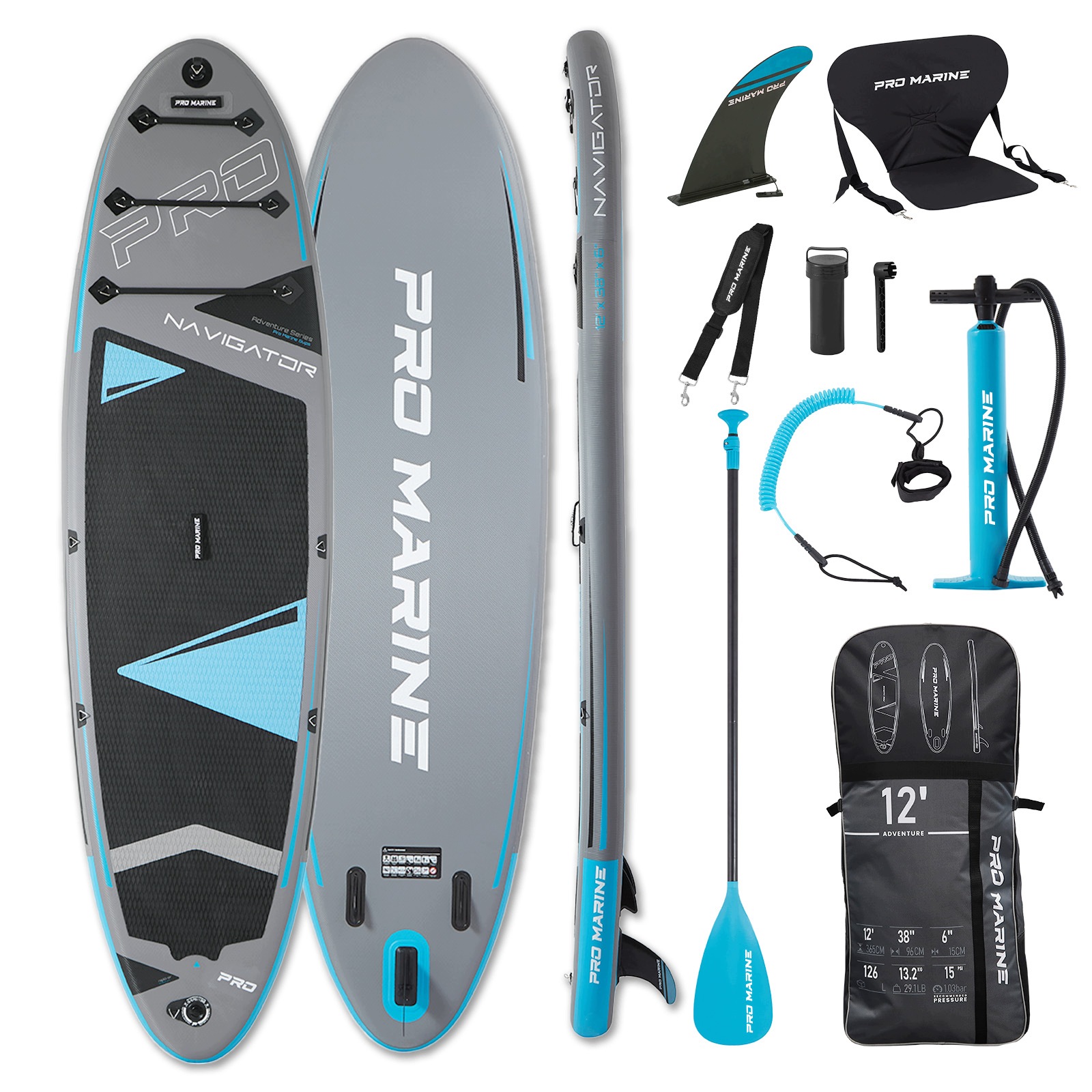 Duża Deska Sup Pompowana Pro Marine Navigator 12' Siedzisko Kajakowe 365cm