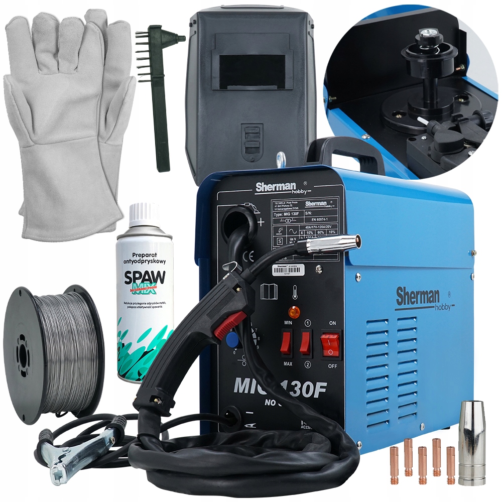 SPAWARKA migomat MIG 130 półautomat bezgazowy FLUX SHERMAN + drut rękawice