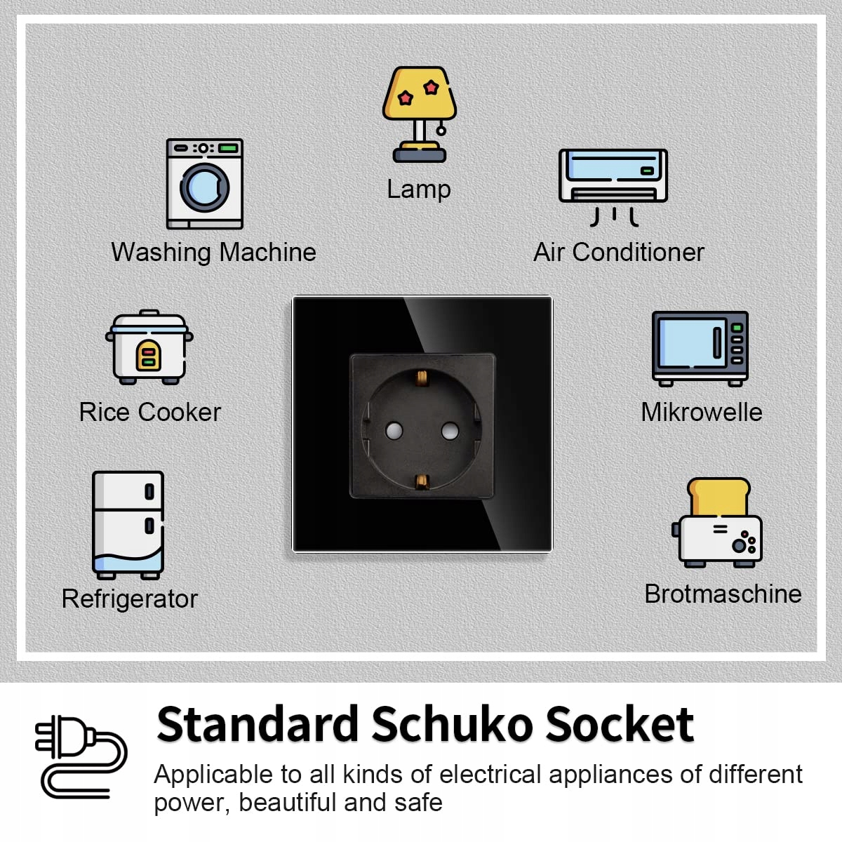 JIMEIDA Czarna Pojedyncza Gniazdko Szklane Schuko 16A 250V Podtynkowe — miniatura 2