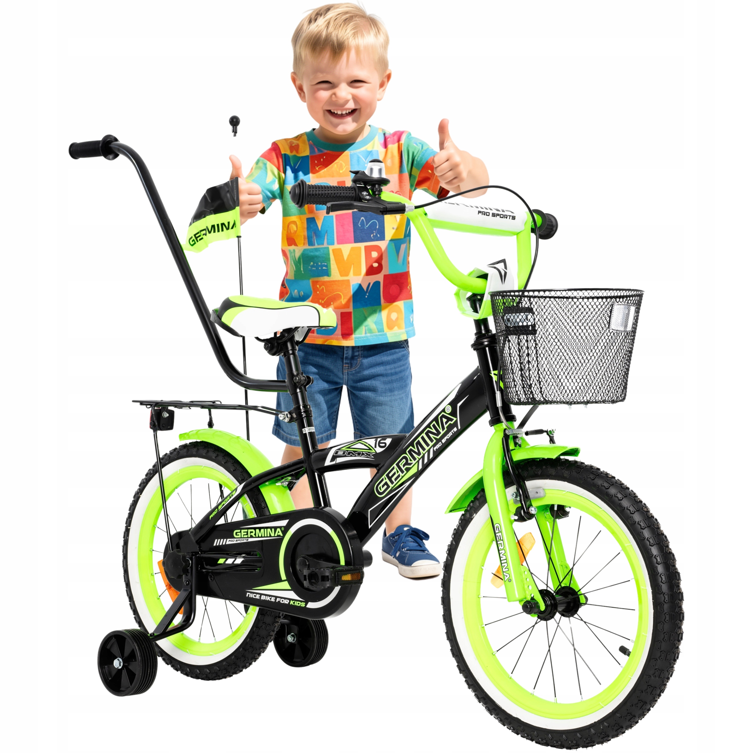 Rowerek dziecięcy Germina Bmx 16 dla chłopca kółka boczne prowadnik