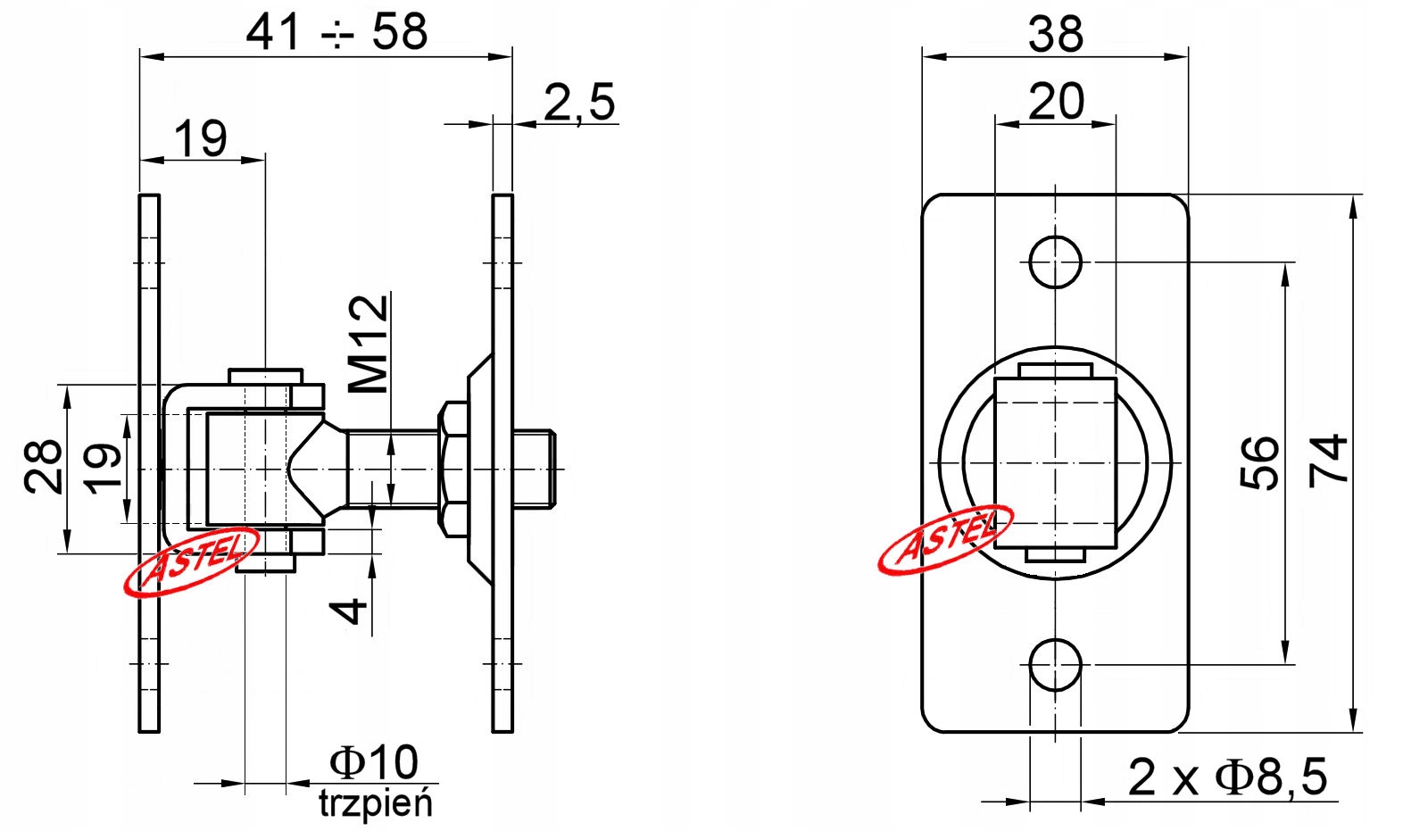 Zawias regulowany M12 DWUSTRONNY Furtki Bramy 2szt Kolor ocynk