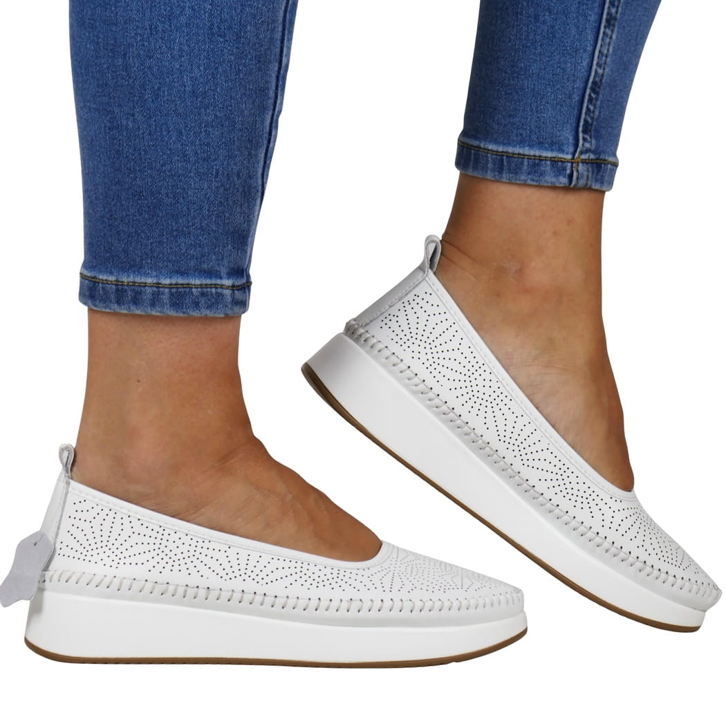 Polobotky Balerínky Nazouvací Sportovní Boty Přírodní Kůže Bílé Pohodlné