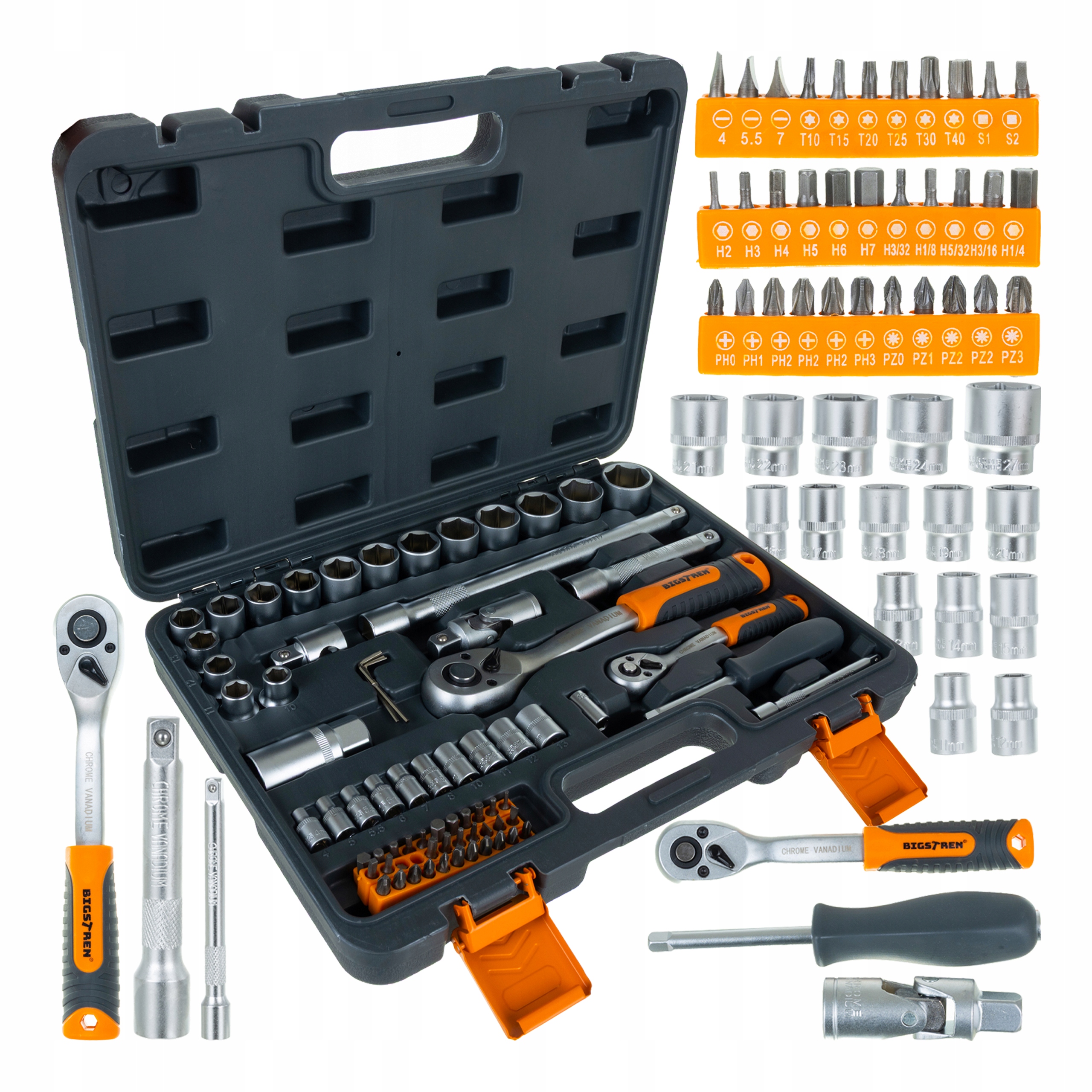 Zestaw narzędzi Bigstren 72 el. Klucze Nasadowe 1/4" 1/2" Grzechotki 72T