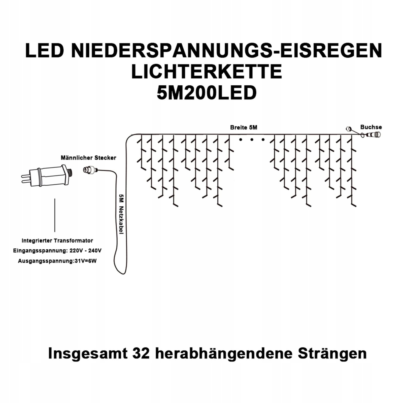 INTERGO Kurtyna Świetlna LED 5m 200 LED Timer IP44 Wodoodporna 8 Trybów — miniatura 7