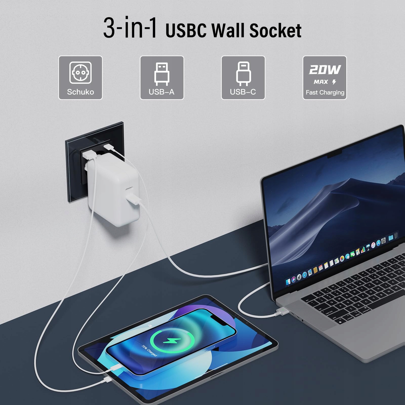 BSEED Podwójne Gniazdo Schuko USB Typ C Szybkie Ładowanie Czarny Szklany — miniatura 2