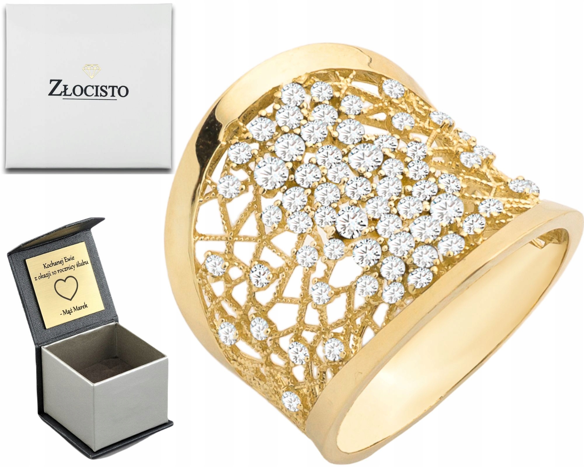 Dárek Zlatý Prstýnek Široký Ažurový Bílý Zirkony 585