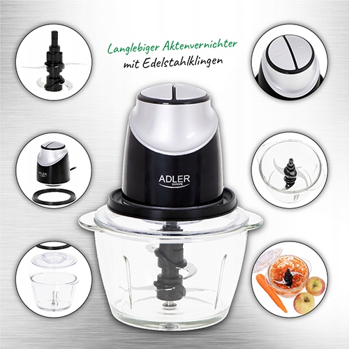 Rozdrabniacz ze szklaną misą Adler AD 4082 550W Bezpieczeństwo nóżki antypoślizgowe zabezpieczenie przed przegrzaniem