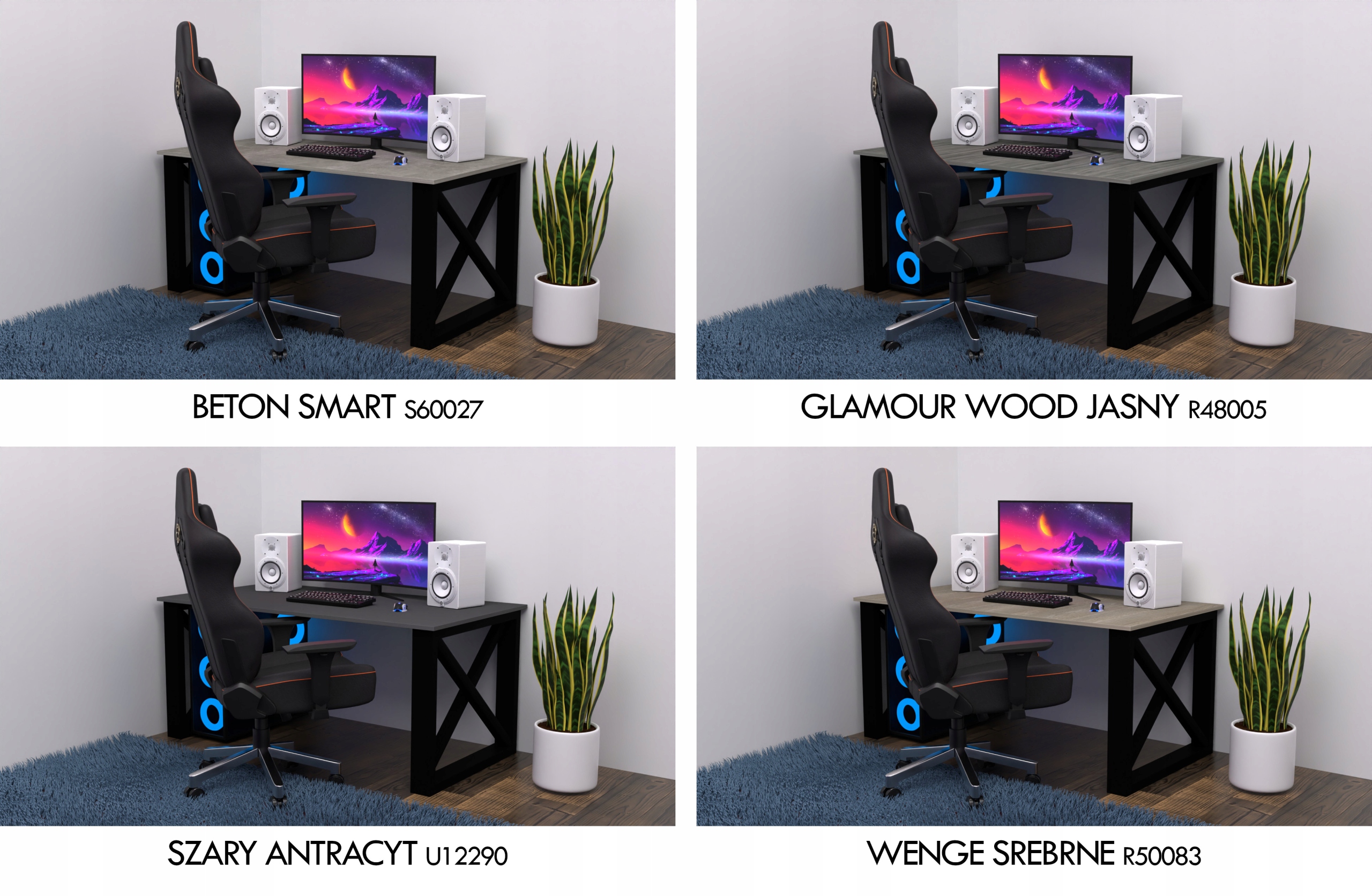 Biurko Gamingowe dla graczy Loft mocne nogi Głębokość mebla 85 cm