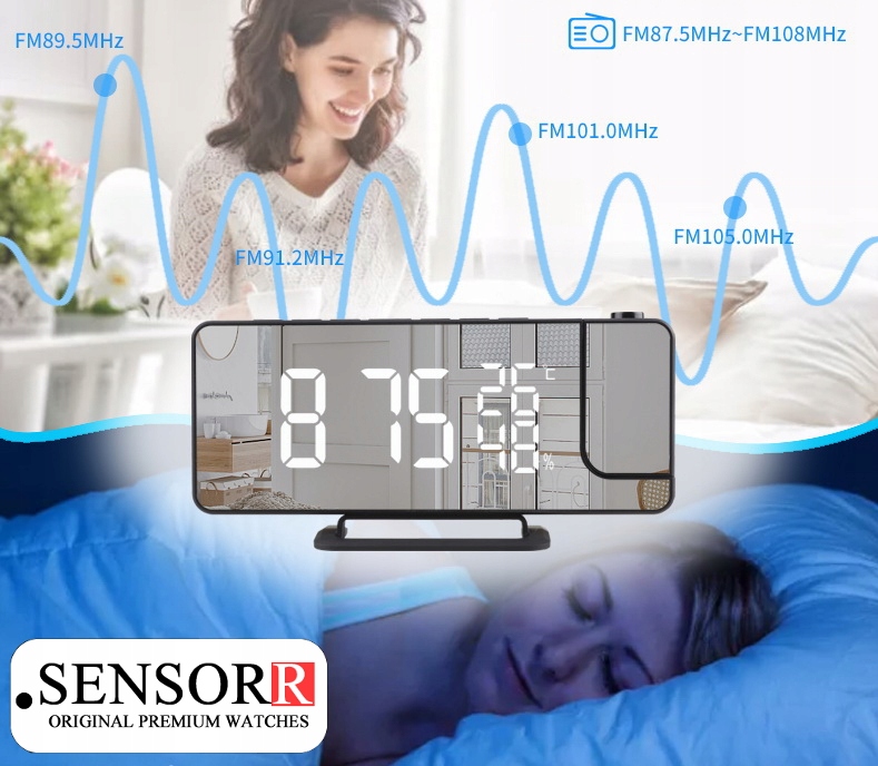 ZEGAR ELEKTRONICZNY LED BUDZIK Z PROJEKTOREM LASEROWYM Z RADIEM TEMPERATURA Zasilanie USB