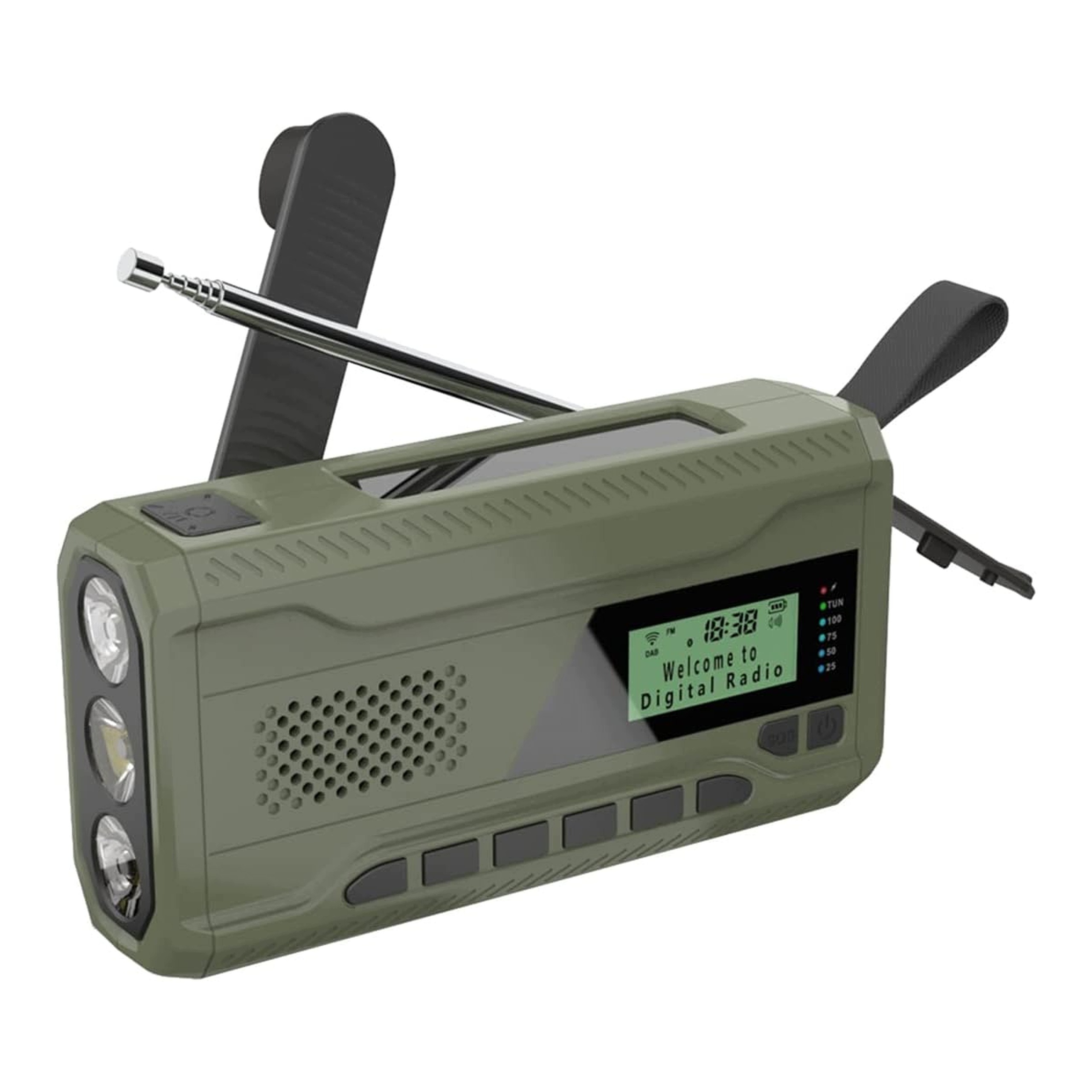 Přenosné nouzové rádio Fm Bluetooth 4500 mAh solární kliková svítilna Sos