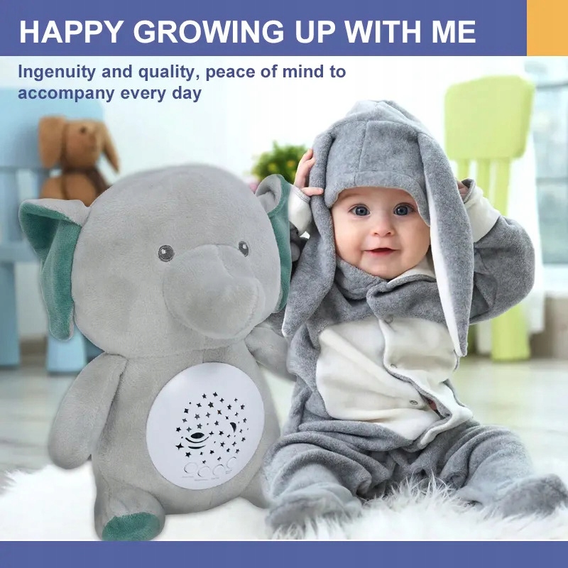 SŁONIK MIŚ SZUMIŚ USYPIACZ LAMPKA NOCNA PROJEKTOR 2w1 10 KOŁYSANEK Materiał plastik tkanina