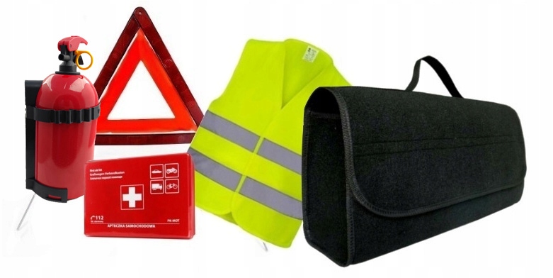 ZESTAW SAMOCHODOWY TRÓJKĄT APTECZKA GAŚNICA KAMIZELKA + TORBA DO AUTA