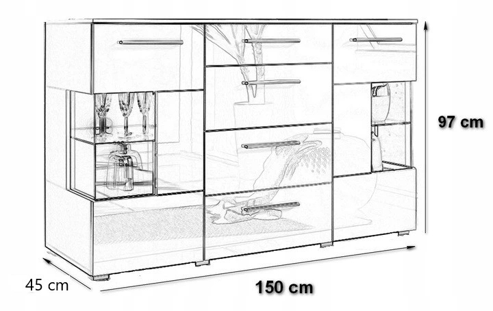 KOMODA 4 SZUFLADY SZAFKA DUŻA POJEMNA 2 DRZWI BIAŁY POŁYSK LED 150 cm Marka Concordia