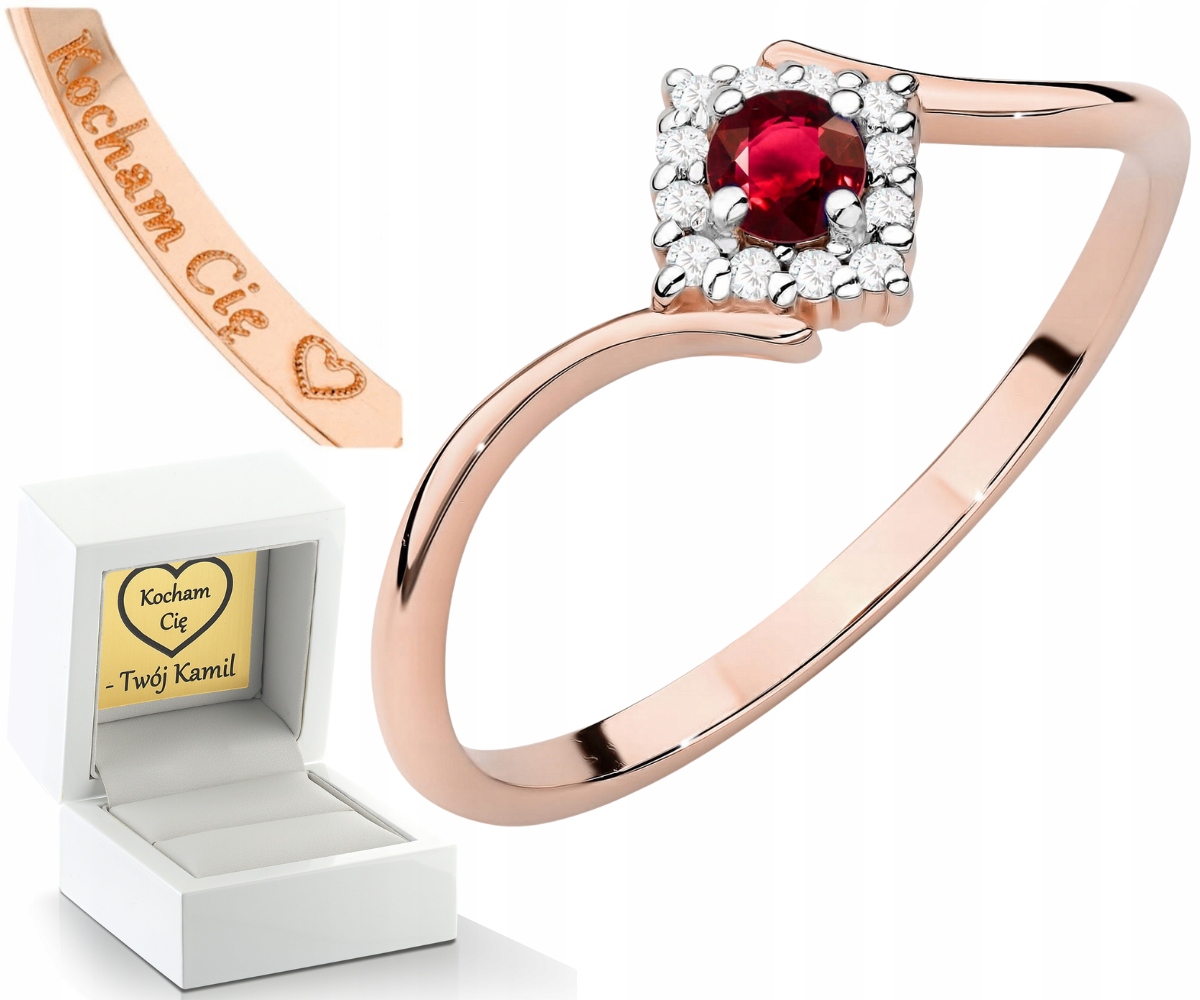 Růžové Zlato Prstýnek Přírodní Kámen Rubín A Diamanty Zlato 585 14K