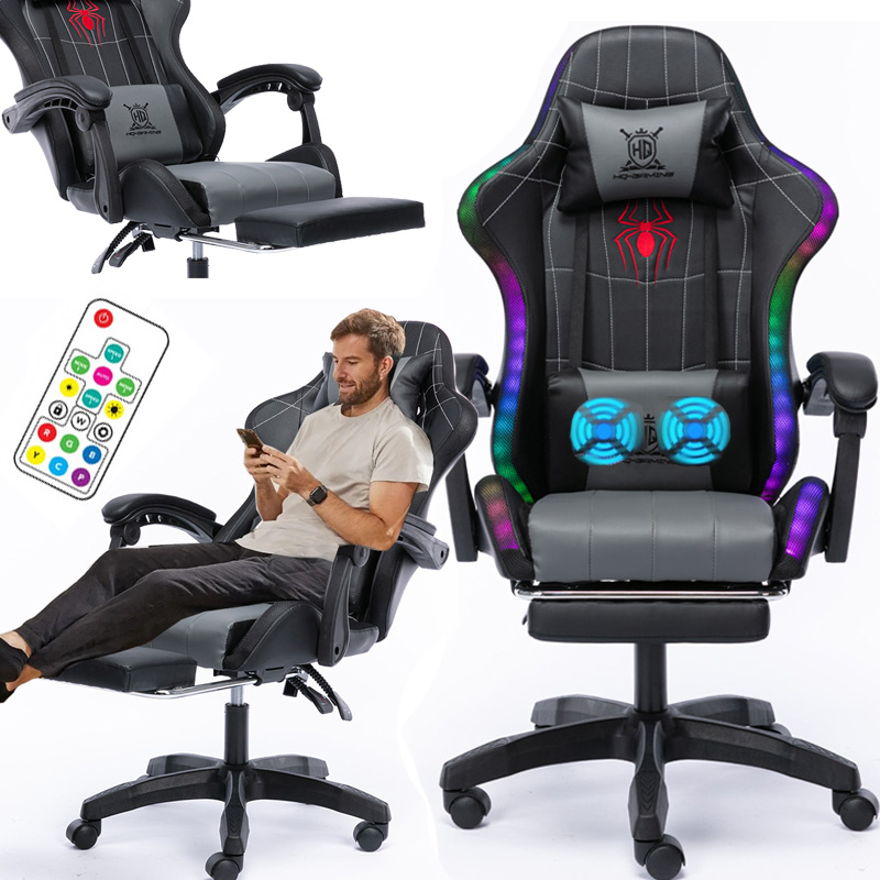 FOTEL GAMINGOWY GRACZA OBROTOWY RGB LED Z PODNÓŻKIEM + MASAŻEM
