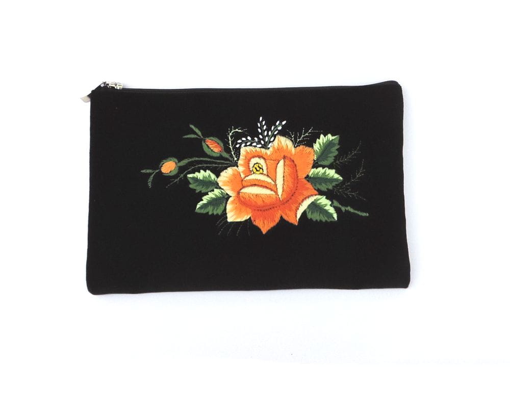 Plochá Kosmetická Taška Folk Rybářská Výšivka Oranžová Růže Ruční Práce