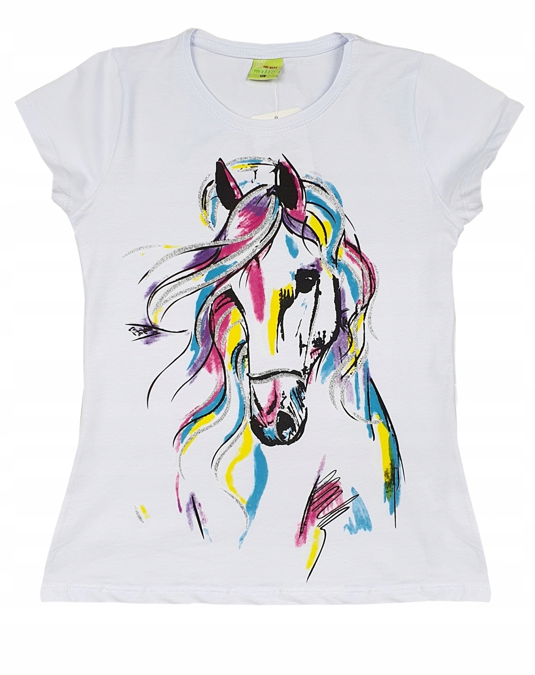 Biała BLUZKA nadruk KOŃ brokat 164 CK76