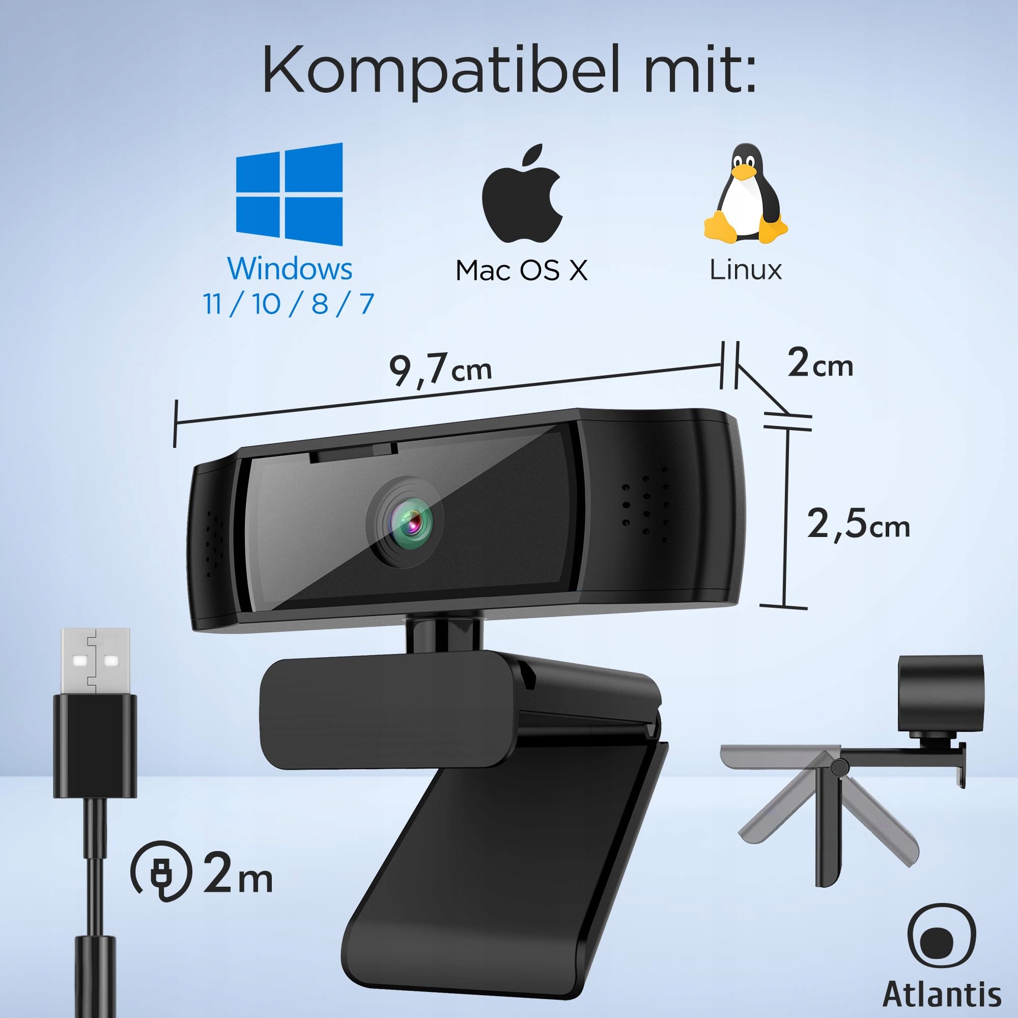 ATLANTIS Kamera Internetowa 2K 5 Mpix Autofokus Mikrofon USB Videoanruchy — miniatura 9