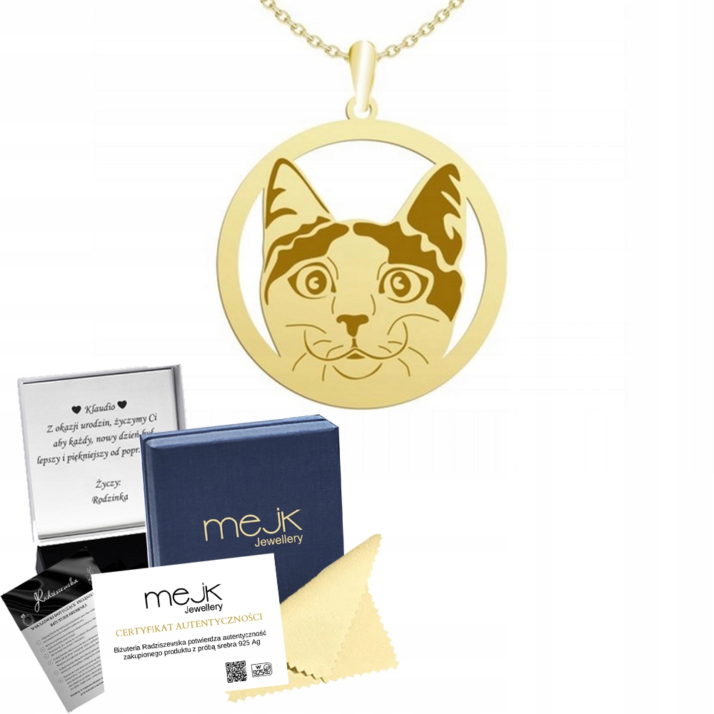 Zlatý náhrdelník s japonskou kočkou Bobtail 925 Řetízek Žena Dárek Gravírování
