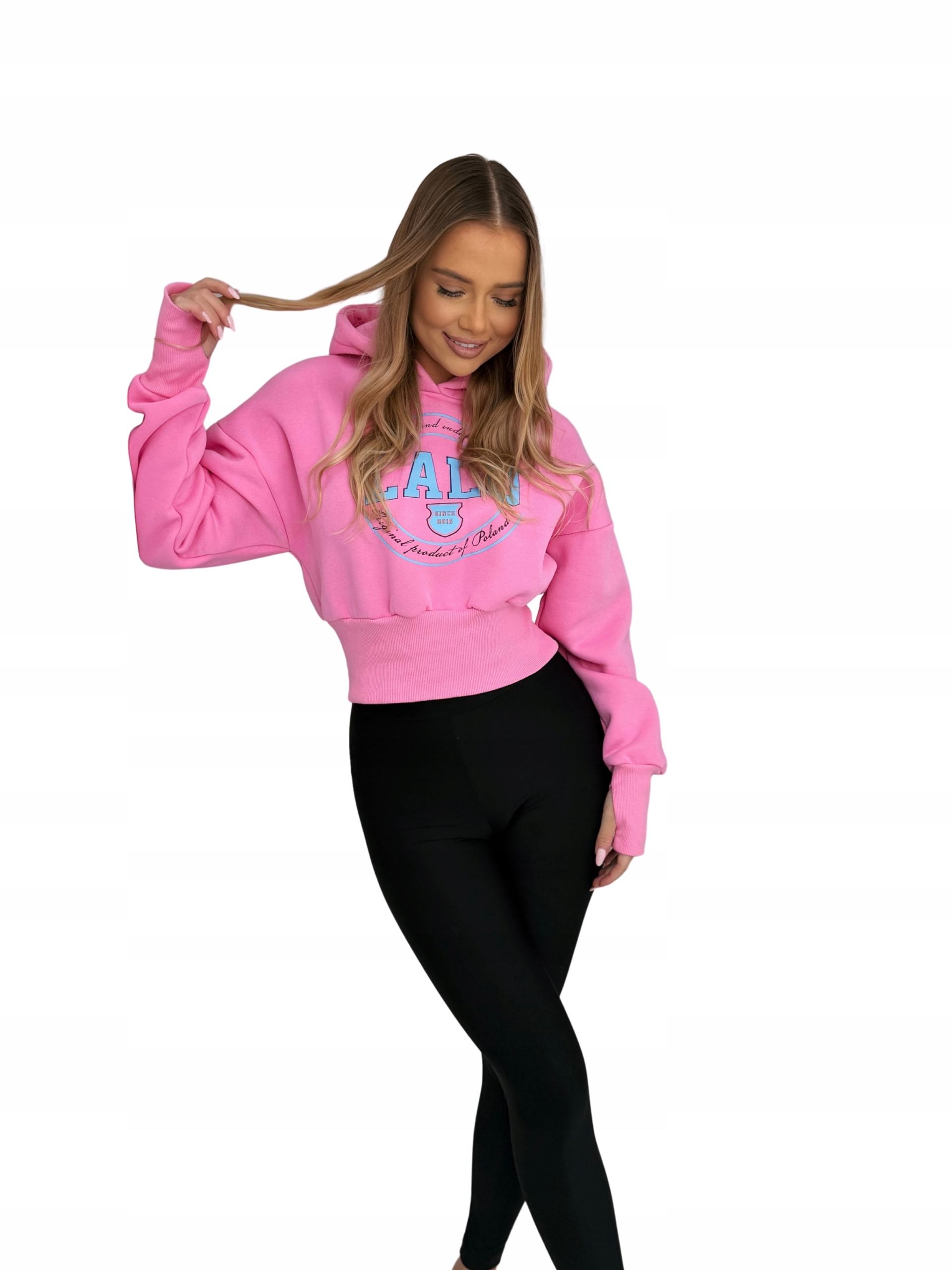 Mikina s s kapucí s krátkým potiskem LaLu bonbónově růžová Xs/s