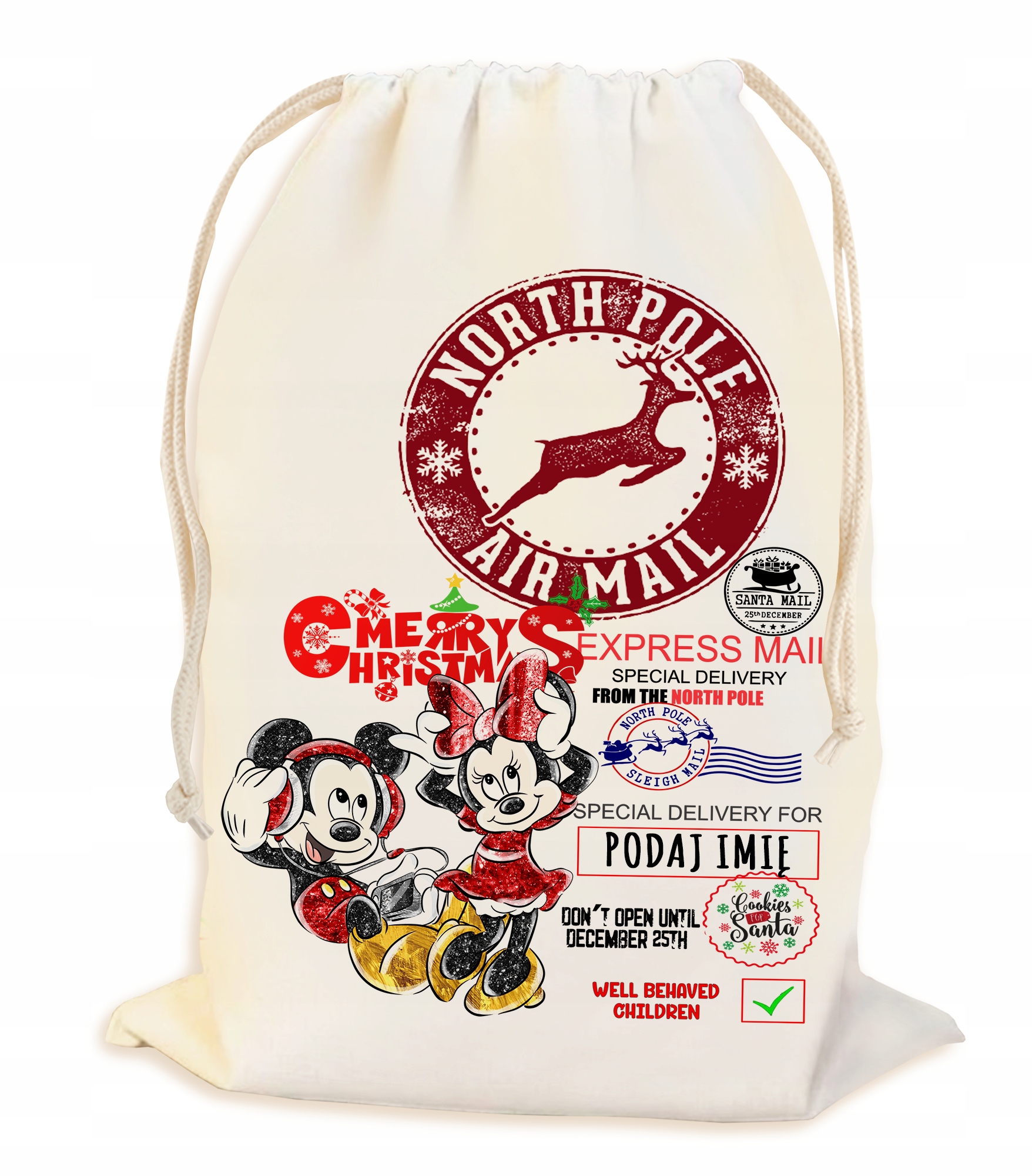 PEROSNALIZOWANY WOREK NA ŚWIĄTECZNY PREZENT POD CHOINKĘ Z IMIENIEM 23*34CM