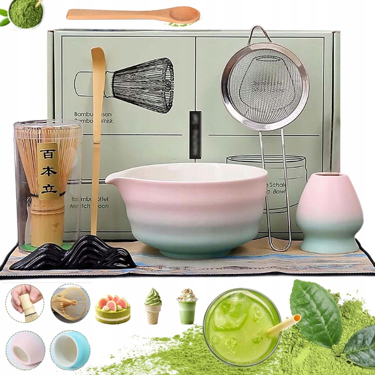 Zestaw Do Herbaty Matcha Na Prezent, Chasen, Chashaku, Miotełka, Podstawka