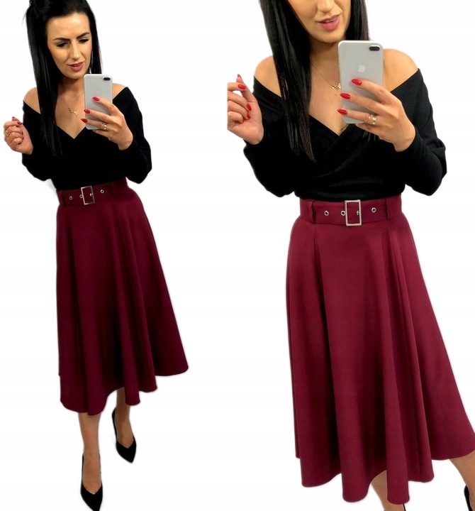 Sukně midi za koleno s páskem a sponou bordó M