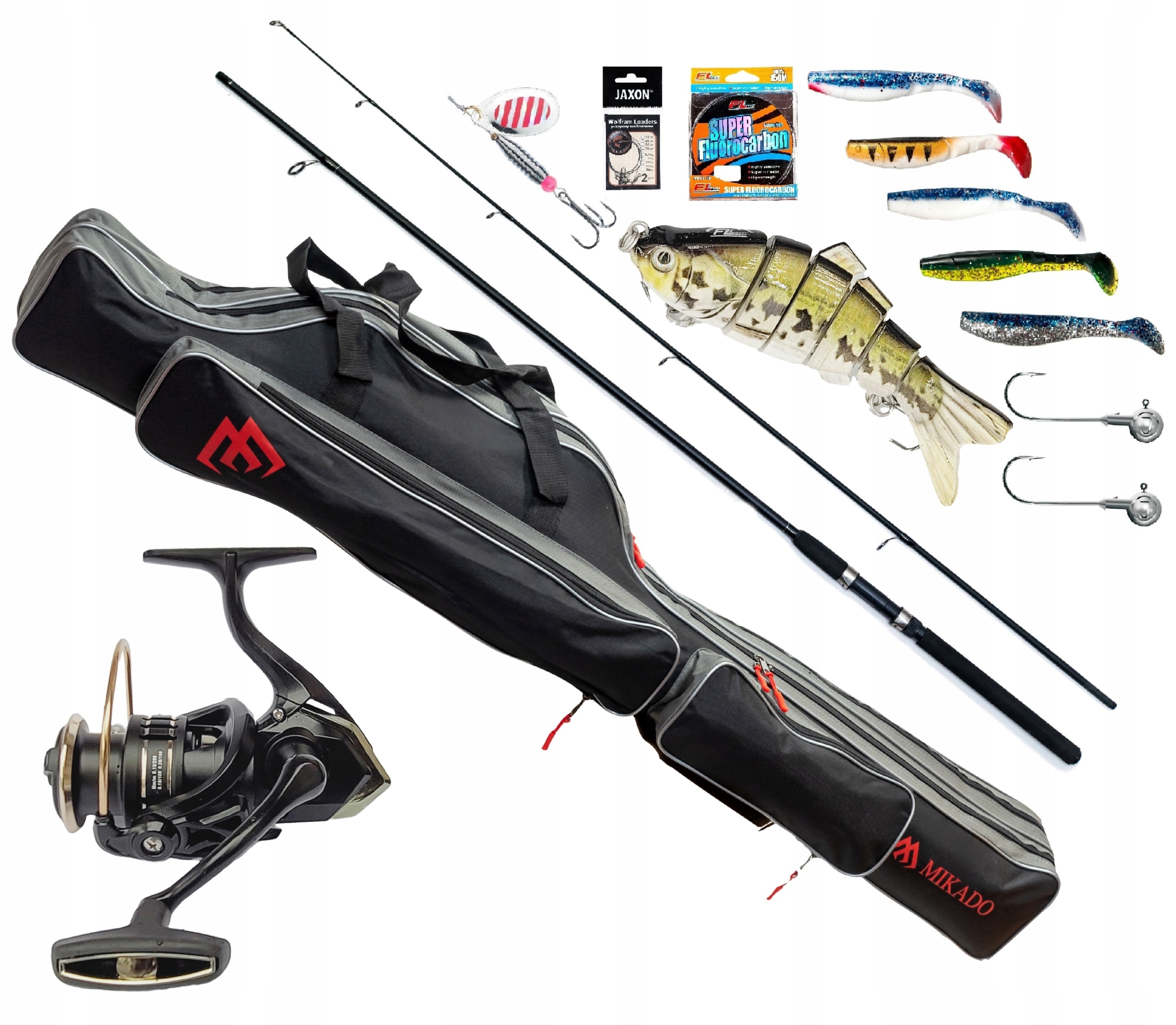 Zestaw Spinningowy Wędka Kołowrotek Torba Mikado Wobler Żyłka Błystka