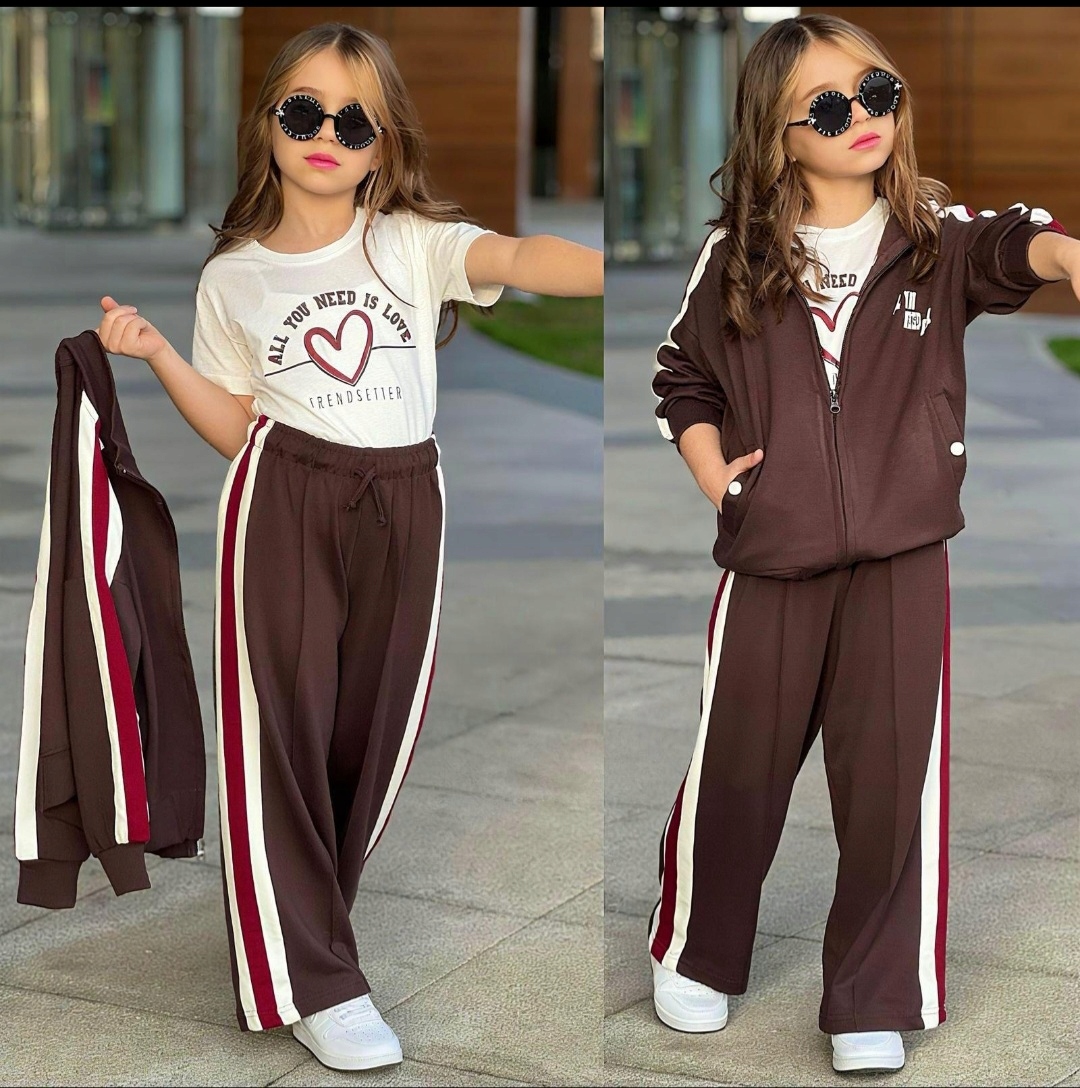 Dres dziewczęcy komplet 3 cz. bluza t-shirt spodnie brązowy r. 134-140