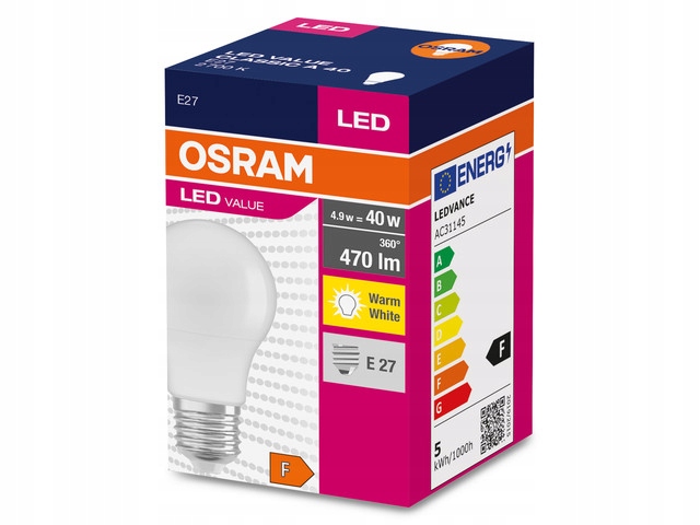 

Osram żarówka E27 4,9W=40W 470lm 2700K Ciepła Led