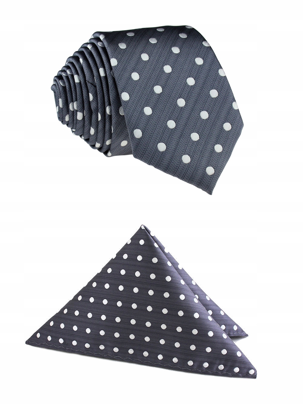 

Krawat i Poszetka Komplet Szary W Białe Kropki