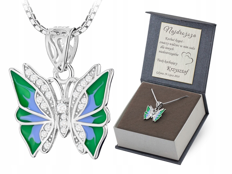 Stříbrná Sada ryzost 925 Řetízek 50 cm a Přívěsek Motýl se smaltovanými Zirkony