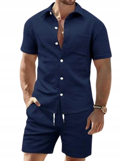 Shein Pánský Komplet Tmavě Modrý Krátký Rukáv Košile A Kraťasy S 1KA