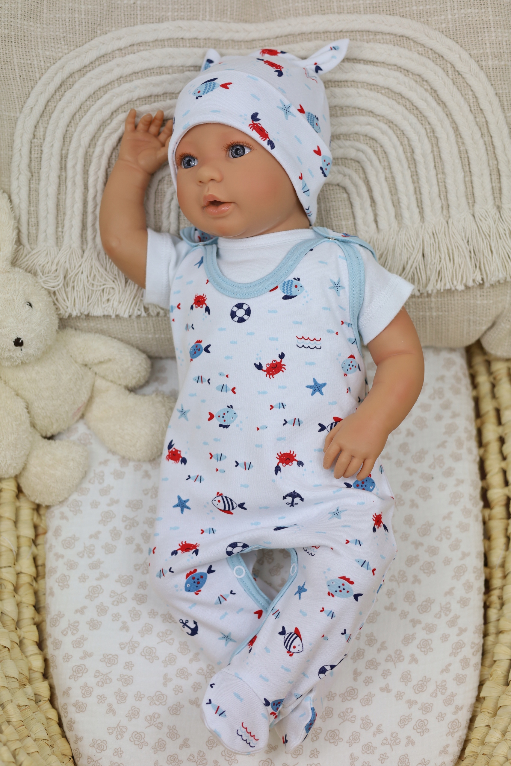 ŚPIOCHY NIEMOWLĘCE ŚPIOSZKI BAWEŁNIANE ROZPINANE r.74 RYBKI /1/ Rozmiar (new) 74 (69 - 74 cm)