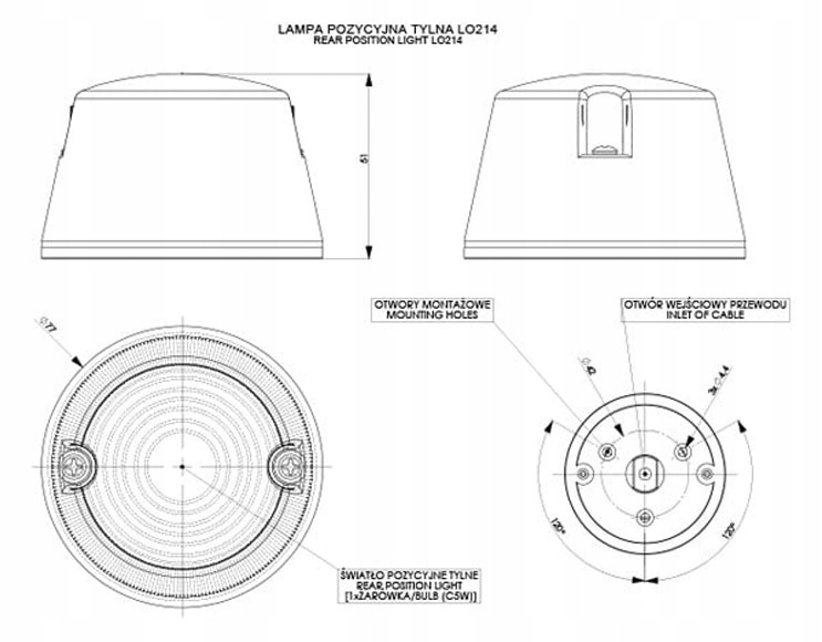 LAMPA OBRYSOWA DO PRZYCZEP CZERWONA OKRĄGŁA Strona zabudowy tylne lewe tylne prawe