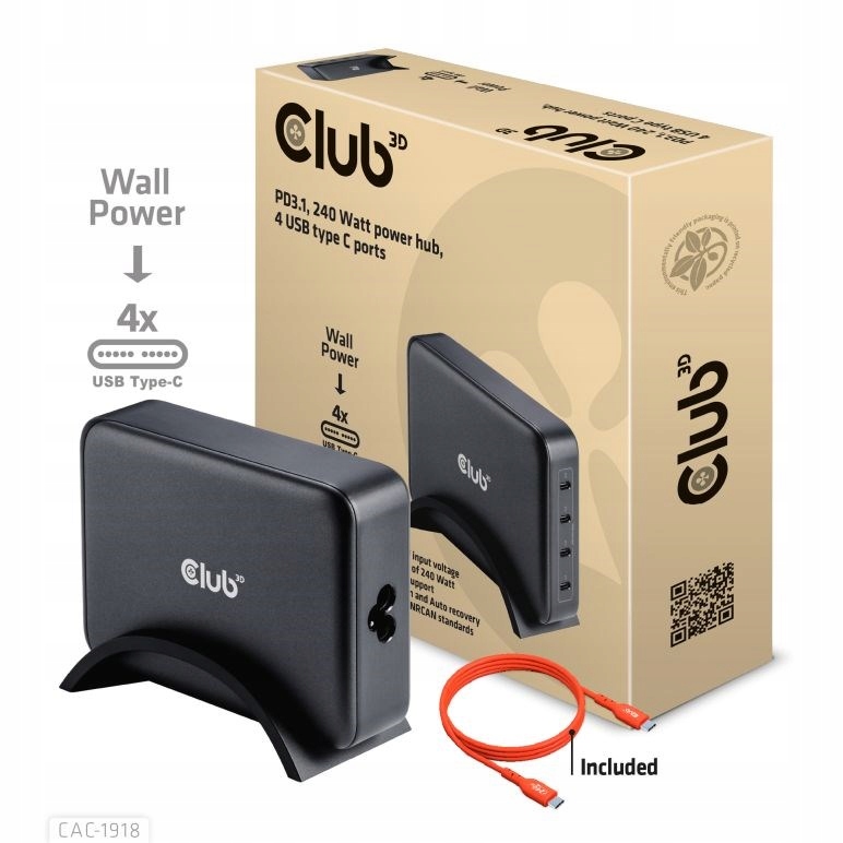 Cestovná Nabíjačka Club3D 240W GaN, 4x Usb-c, Pps Pd 3.1 Support
