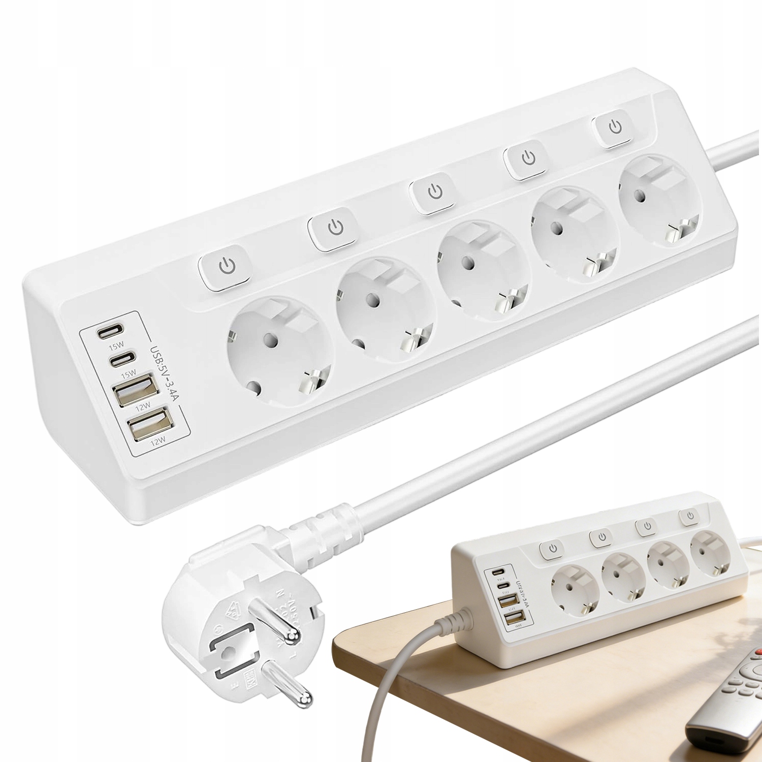 Zásuvková Lišta Prodlužovací Kabel 2X Usb-a 2X Usb-c 2 M