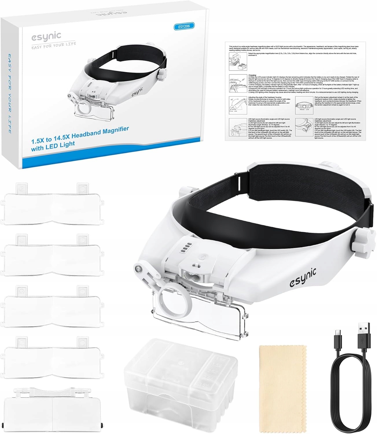 Lupa Z Komfortowym Dopasowaniem Okulary Powiększające Led Opaska Esynic