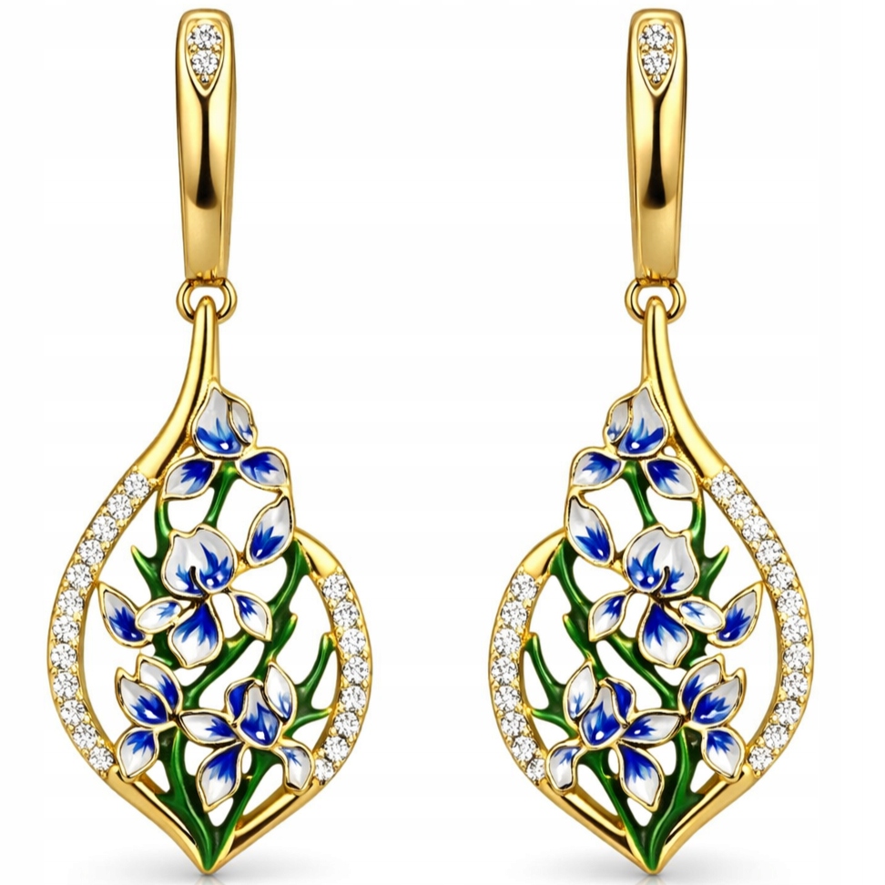 Náušnice stříbrné, dlouhé, závěsné, pozlacené stříbro, 925 kvítků