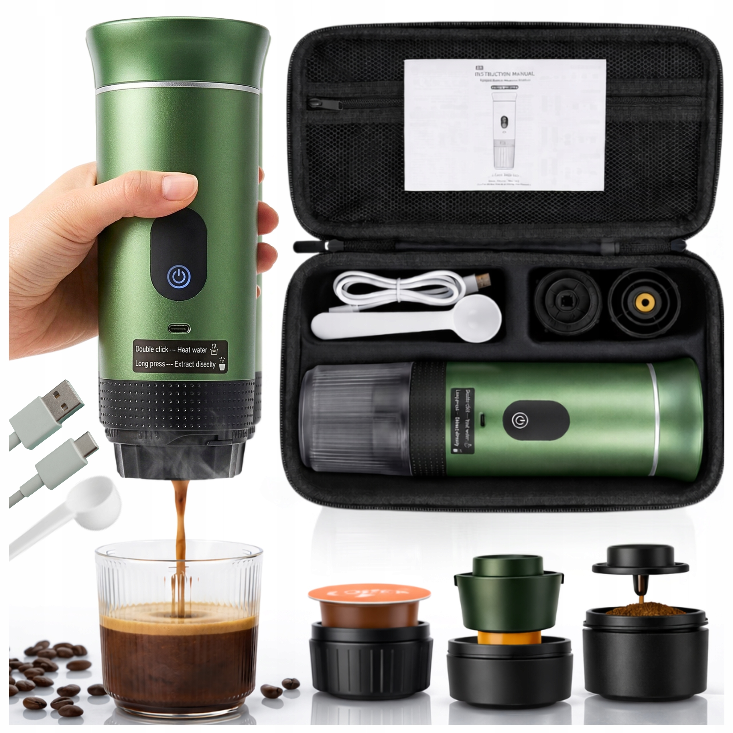 Turistický tlakový kávovar na kapsle a mletou kávu 3v1 80 ml