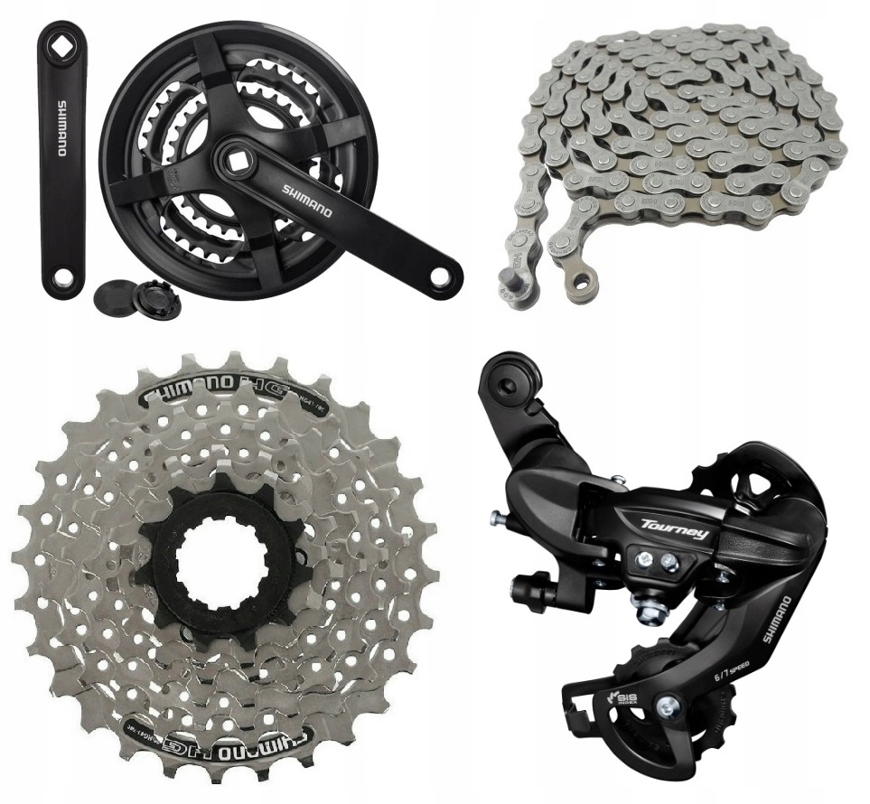 ZESTAW NAPĘDU SHIMANO 7rz KORBA 42T, KASETA 28T, PRZERZUTKA, ŁAŃCUCH 3x7