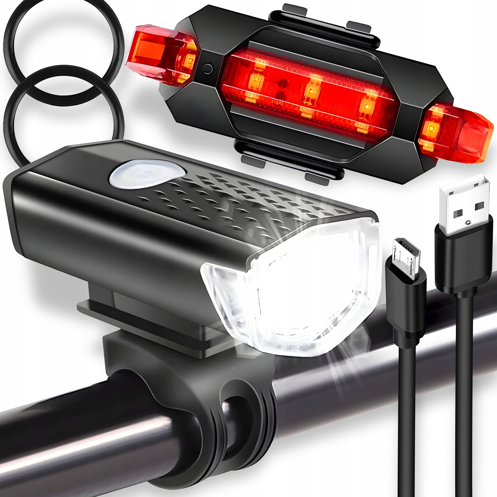 LAMPKA ROWEROWA LED NA ROWER KIEROWNICĘ MOCNA AKUMULATOROWA USB + TYŁ