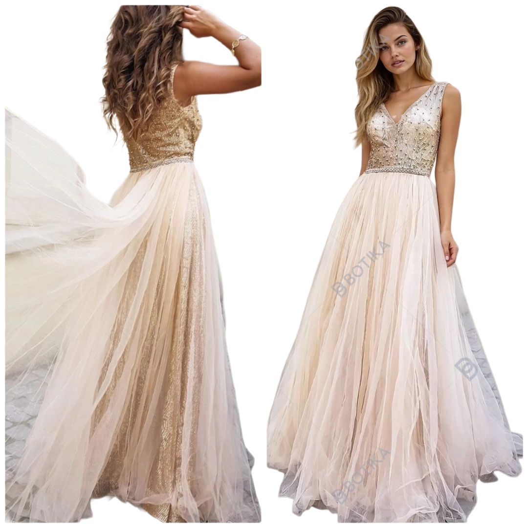 Gold Zlatá Dlouhá Šaty Tylová Princezna plesová ples M