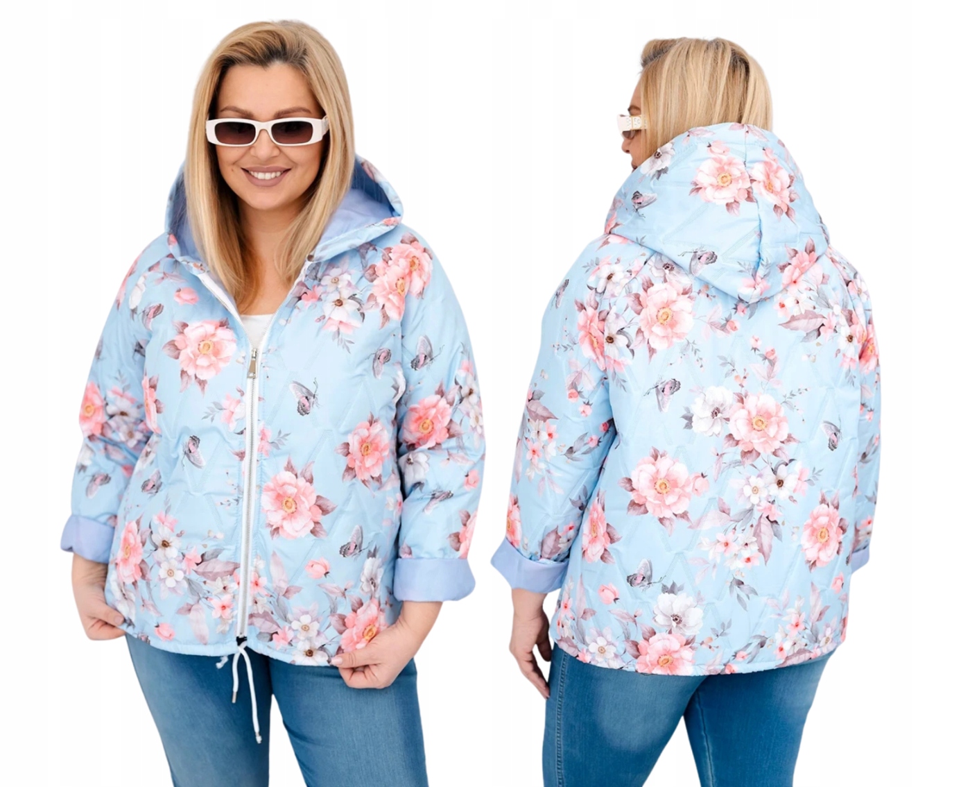 Modrá dámská jarní bunda Plus Size s kapucí s květinovým vzorem