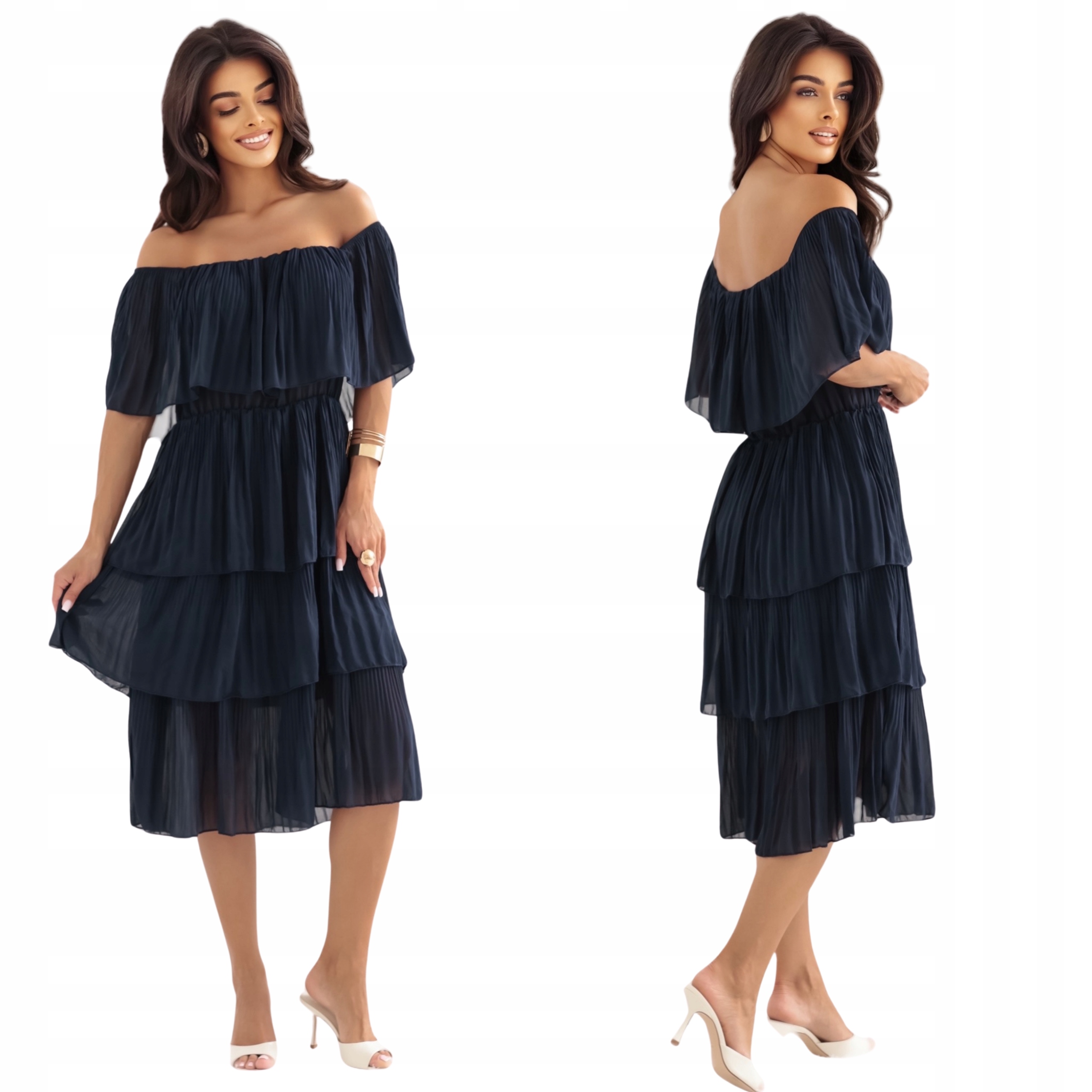 Šaty španělská Midi koktejlová s volánky plisovaná tmavě modrá Uni