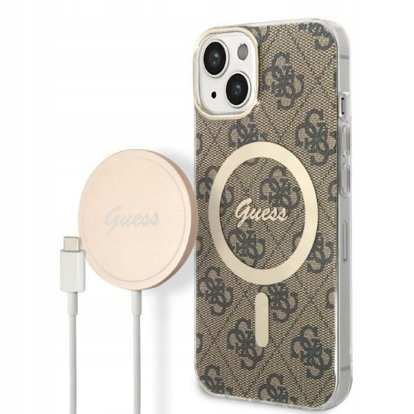 Guess Sada pouzdro a nabíječka MagSafe pro iPhone 14 Plus/15 Plus, hnědá