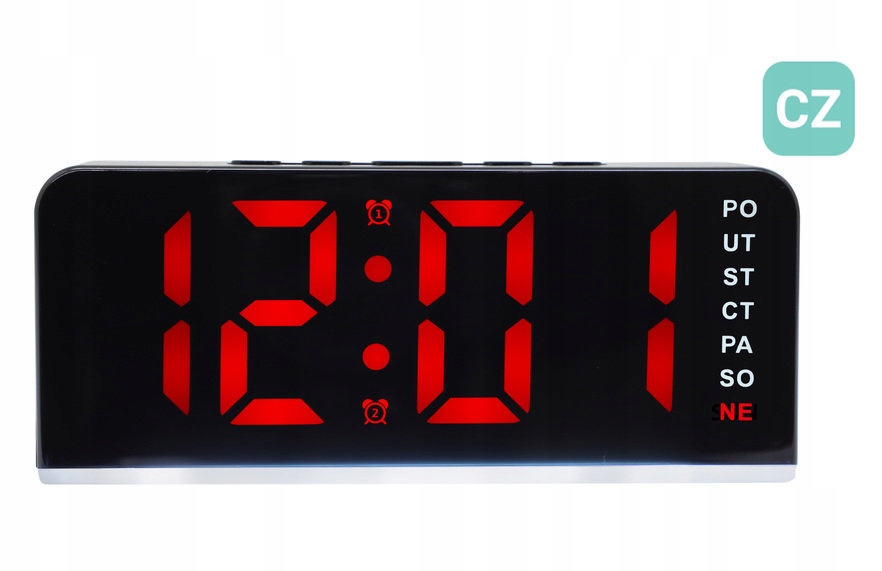 Červený Budík Led Jvd SB80333 Teploměr Podsvícení Dnů V Češtině